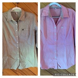 2 Striped Cinch Button Downs- black and pink